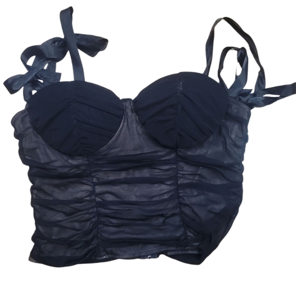 Vintage Bebe y2k bustier ruched mesh top blouse shirt bow tie straps black 8 - Picture 1 of 3